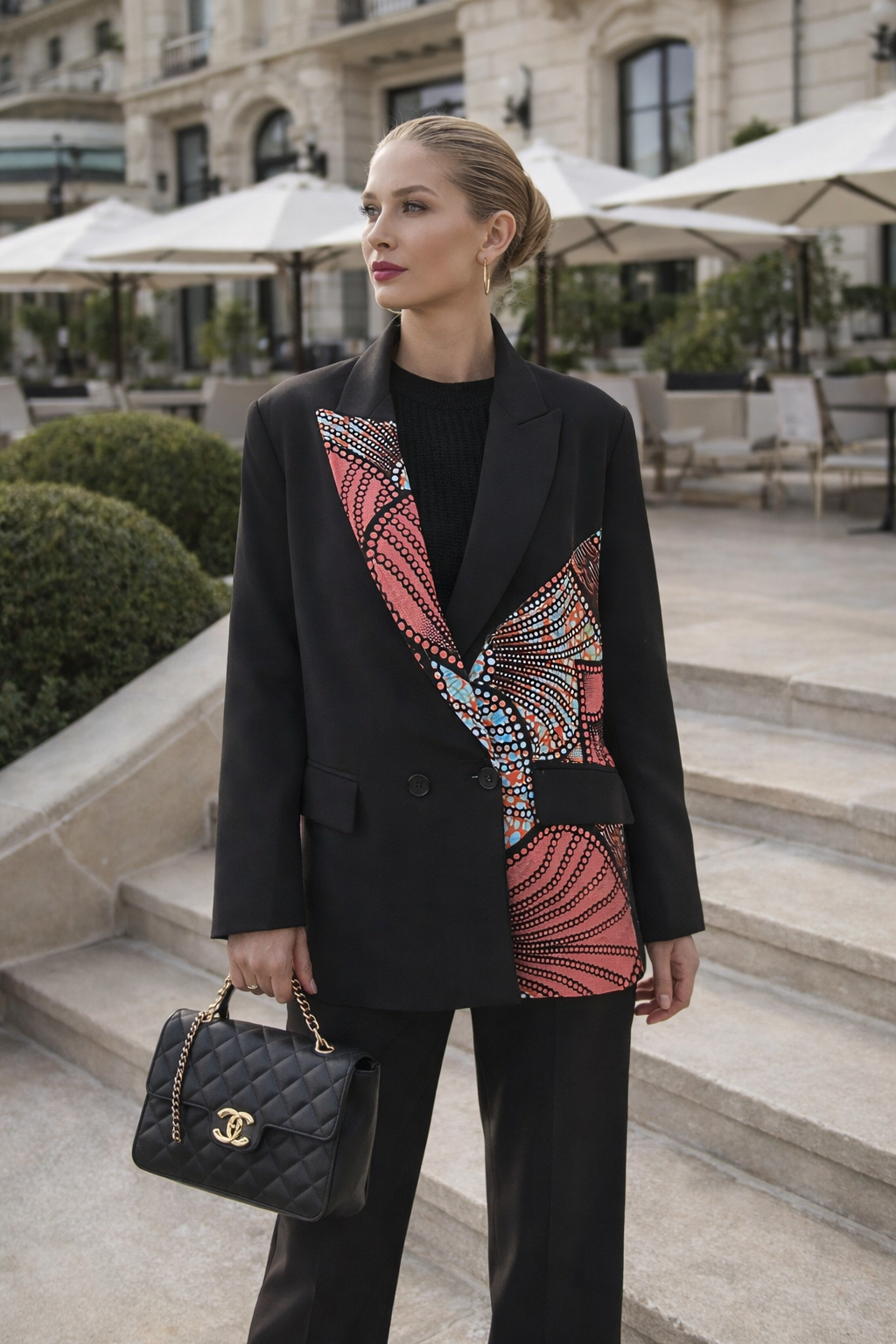 Blazer Noir femme élégant  Wax rose bleue